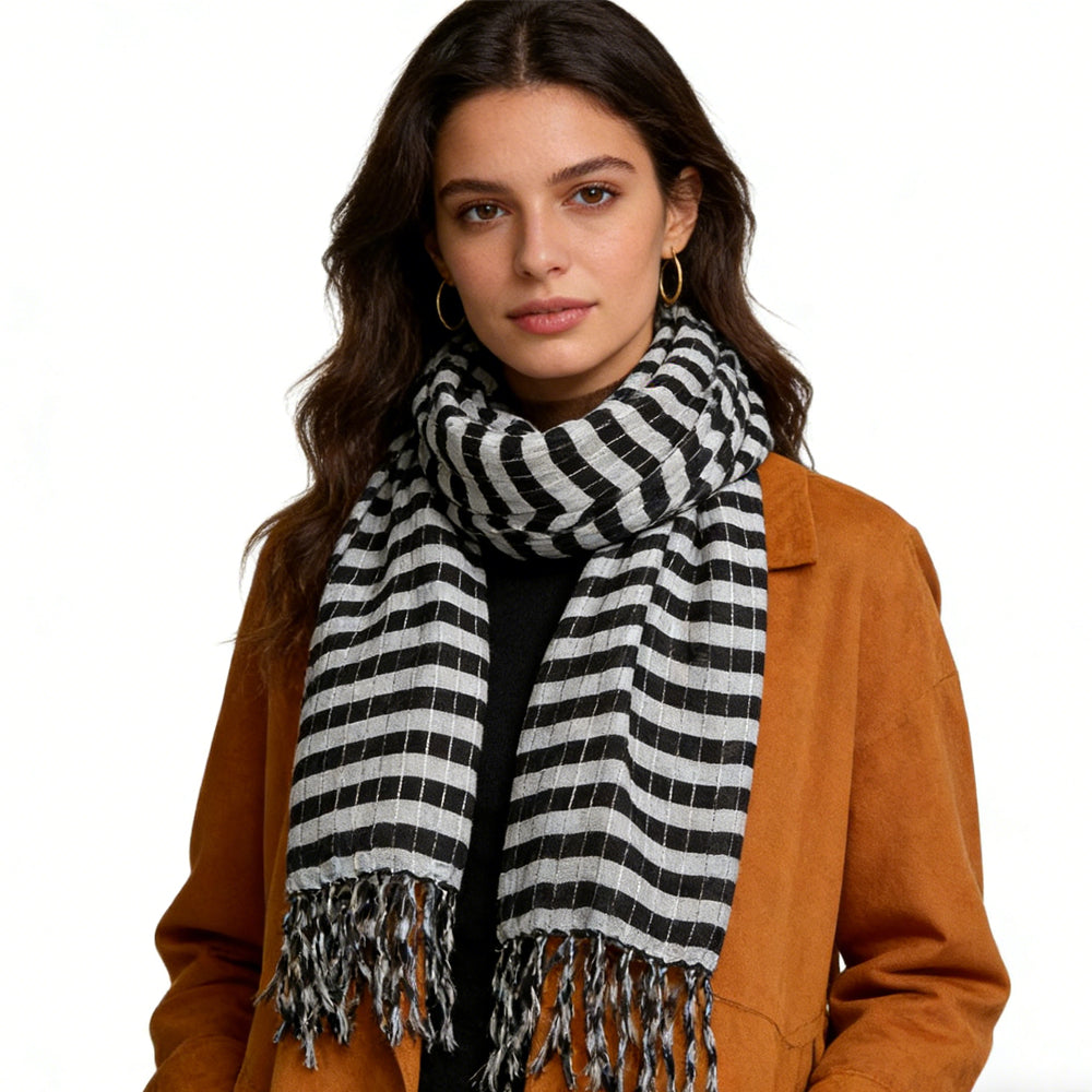 2pcs Black White Square Scarf,stripe With Metallic Threads Scarf,Luxe Look For Evening Wear,Scarf,vacation,daily Life,evening Party,Office Appropriate Subtlety For Women Men