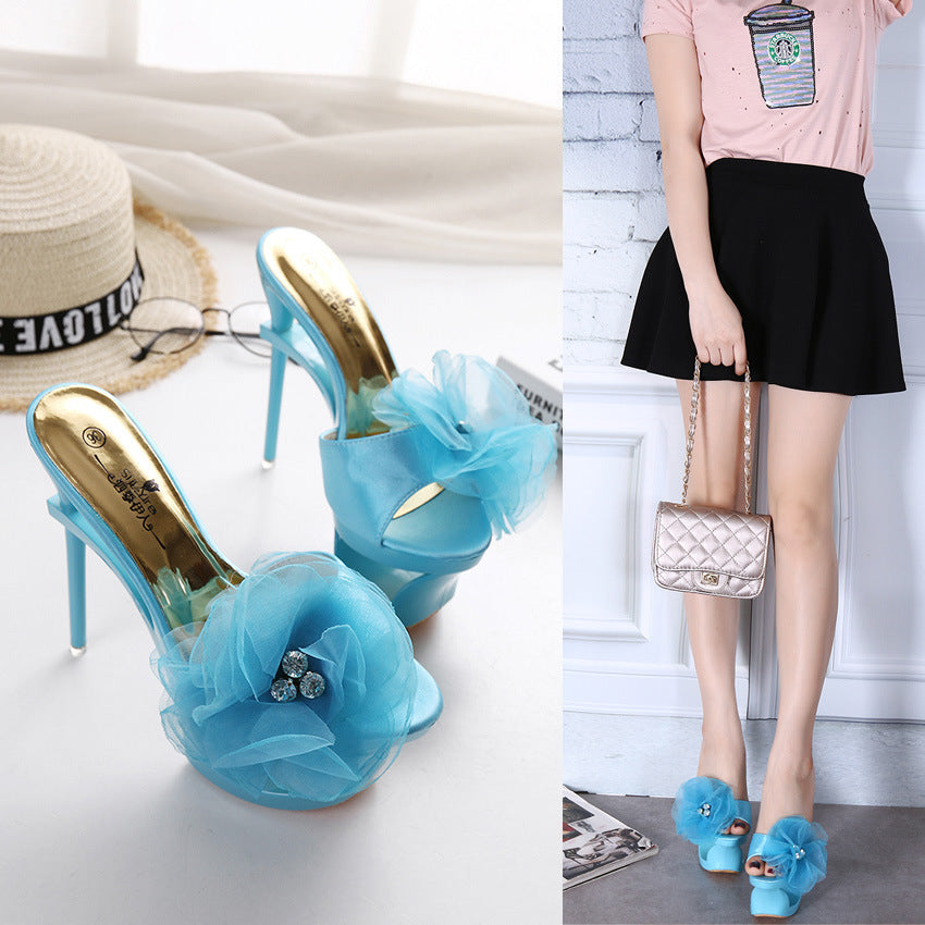 Womens Satin-Trimmed Diamond-Embellished Chiffon Floral Heels