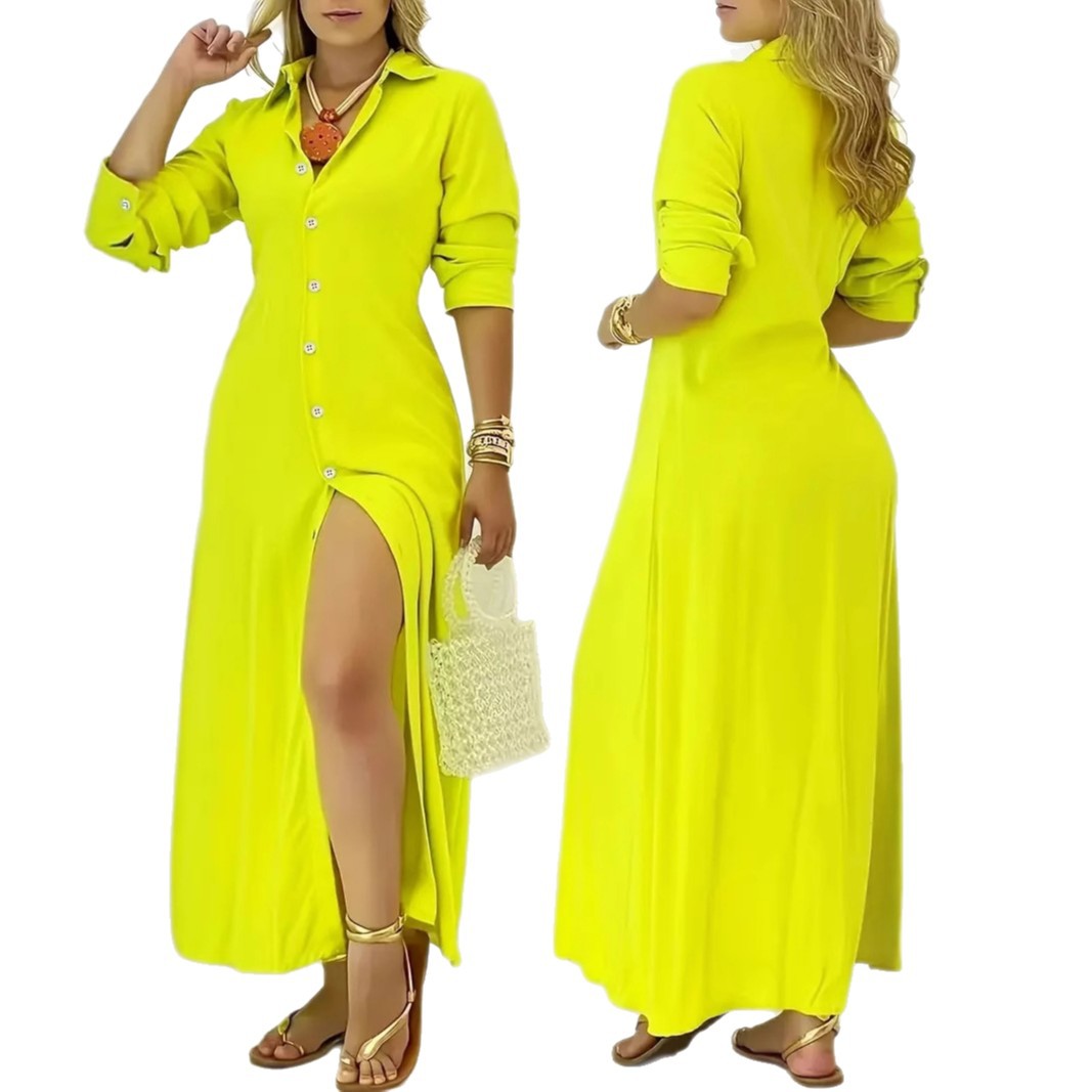 Autumn Womens Elegant SolidColor LongSleeve ButtonUp Shirt Dress