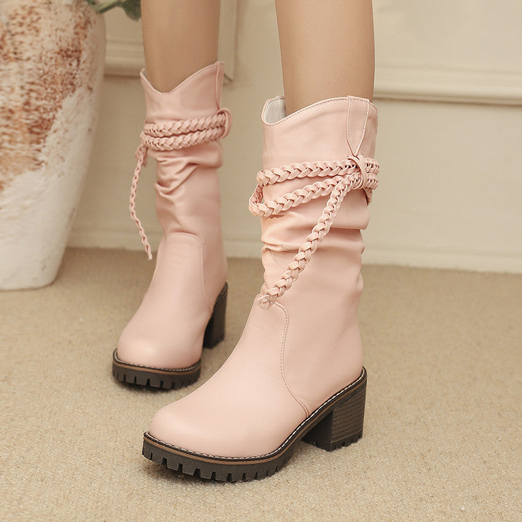 Womens Fashion Knitted Strap Mid-Calf Boots With Chunky Heels