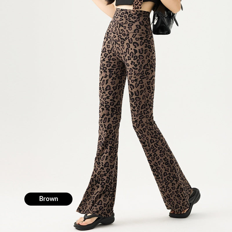 Womens Leopard-print Bootcut Pants With A High Waist For Spring And Autumn