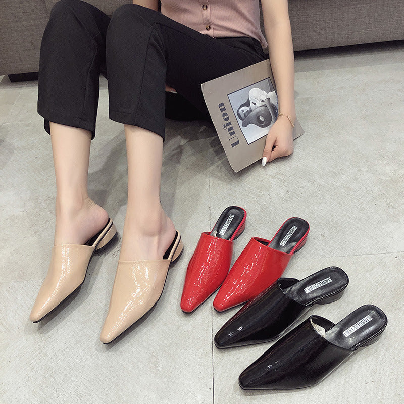 Womens Flats Shoes Mules Slides Pu Leather Slides Low Heels Pointed Toe Slippers