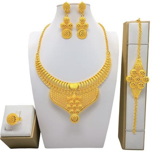 24K Gold Jewelry Suit Necklace Bracelet Earrings Four-piece Ring Set