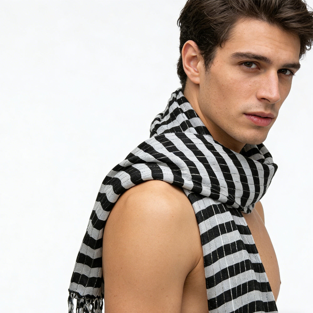 2pcs Black White Square Scarf,stripe With Metallic Threads Scarf,Luxe Look For Evening Wear,Scarf,vacation,daily Life,evening Party,Office Appropriate Subtlety For Women Men