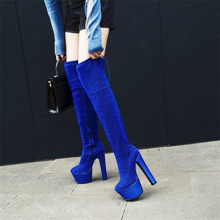 Womens Thigh Bling Sequined Cloth Platforms High Heels Long Boots