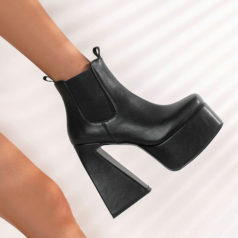 Womens Patent Leather Square-toe Boots With Chunky Heels