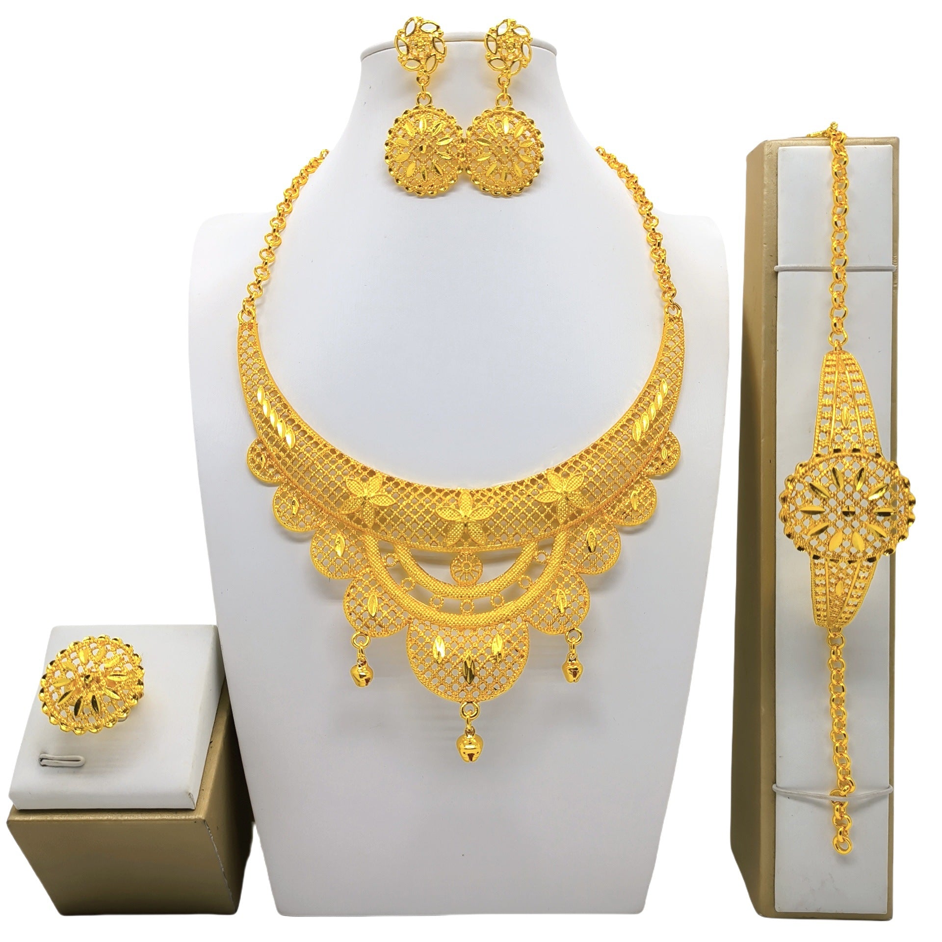 24K Gold Jewelry Suit Necklace Bracelet Earrings Four-piece Ring Set