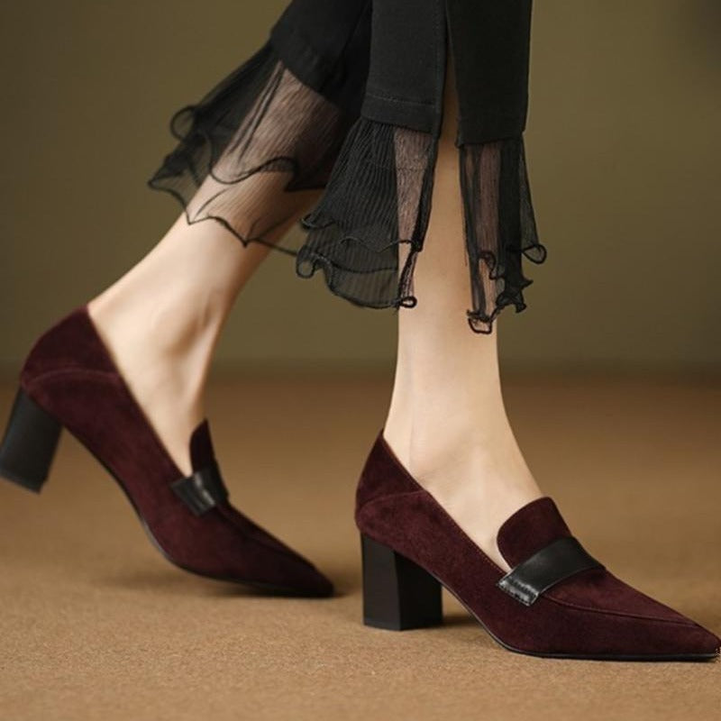 Womens Pointed-toe Loafers Chunky-heel High Heels Work Shoes