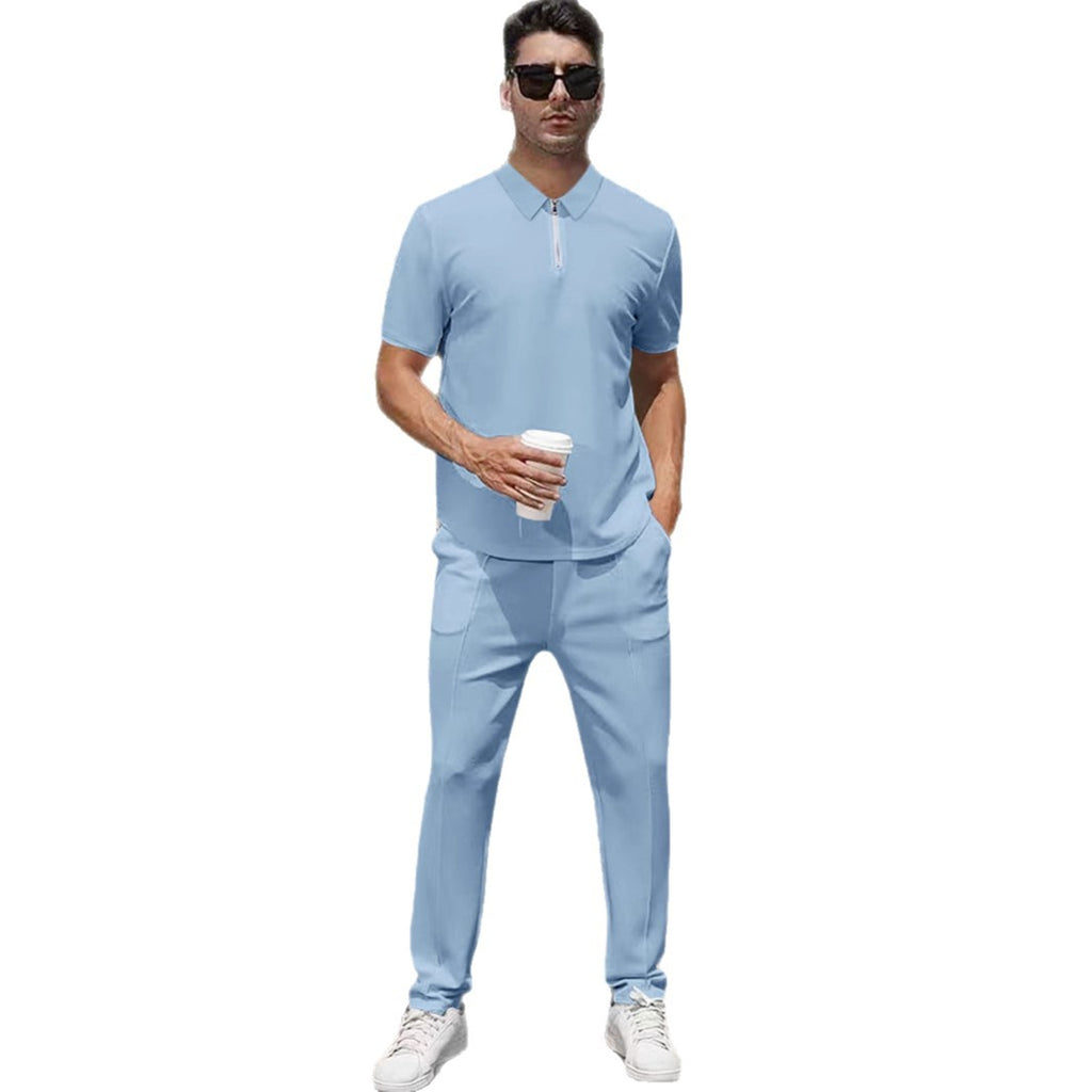 Summer Lightweight Zip Front Pants And Short Sleeve Top Set