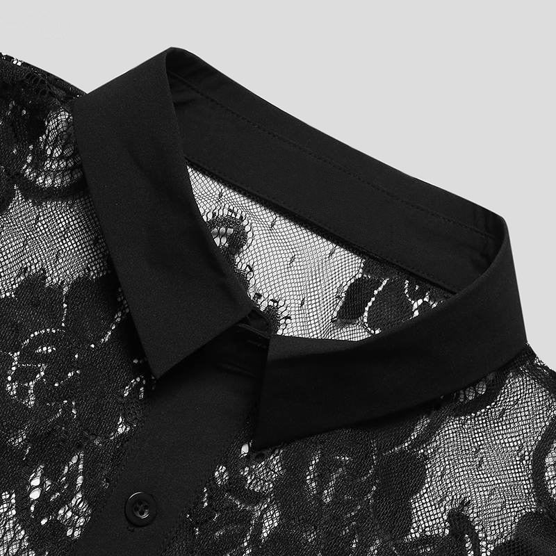 Mens Breathable Lace Long-Sleeve Mesh Shirt From Europe And The US