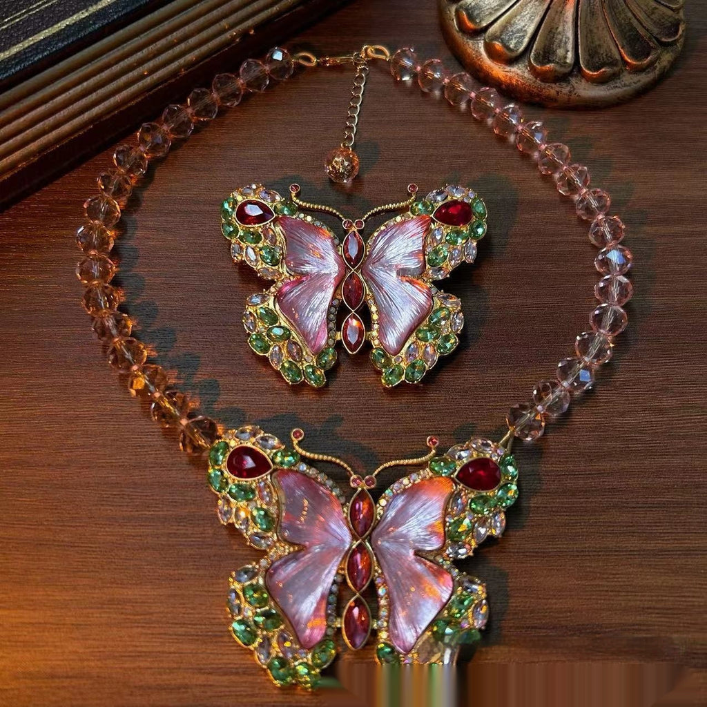 Butterfly Rhinestone Sweet Brooch Necklace Suit