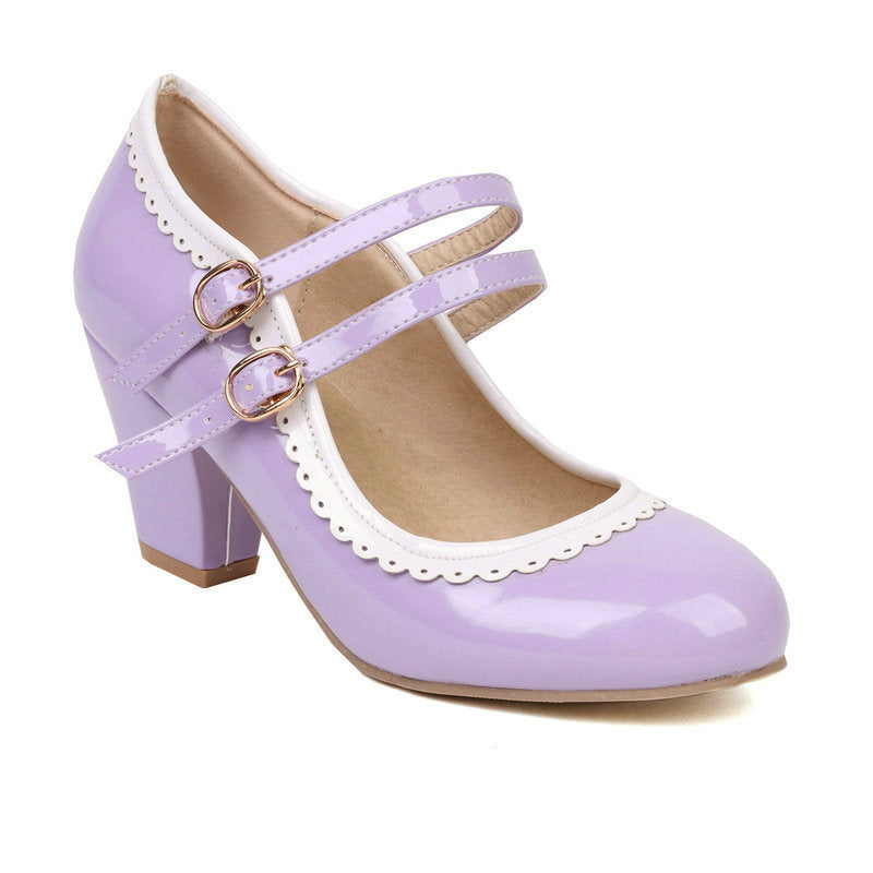 Womens Round-toe Patent Leather Chunky-heeled High Heels In Candy Colors