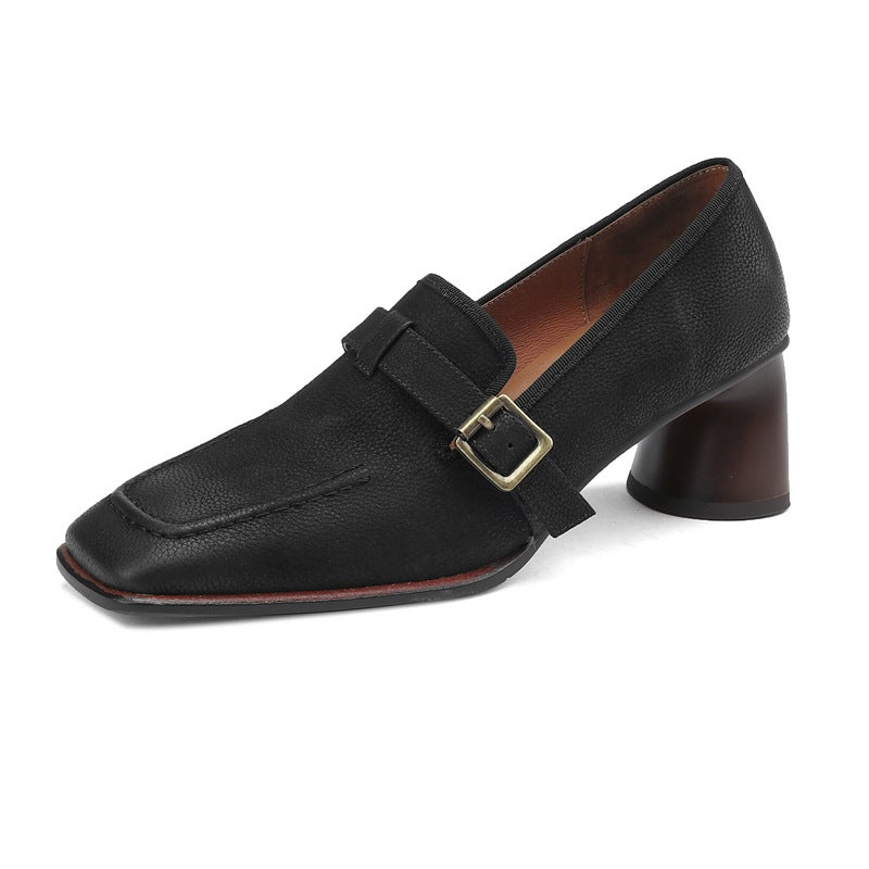 Womens Retro Brown Commuter British Style Leather Shoes With Chunky Heels