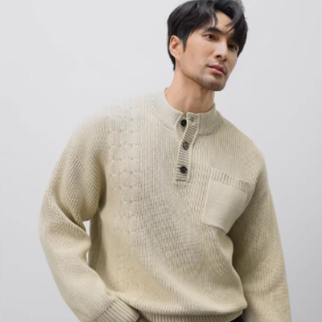 Men's Heavyweight Henley Collar Jacquard Thick Sweater