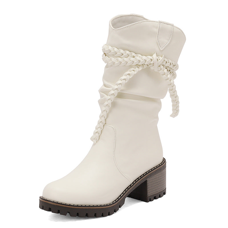 Womens Fashion Knitted Strap Mid-Calf Boots With Chunky Heels