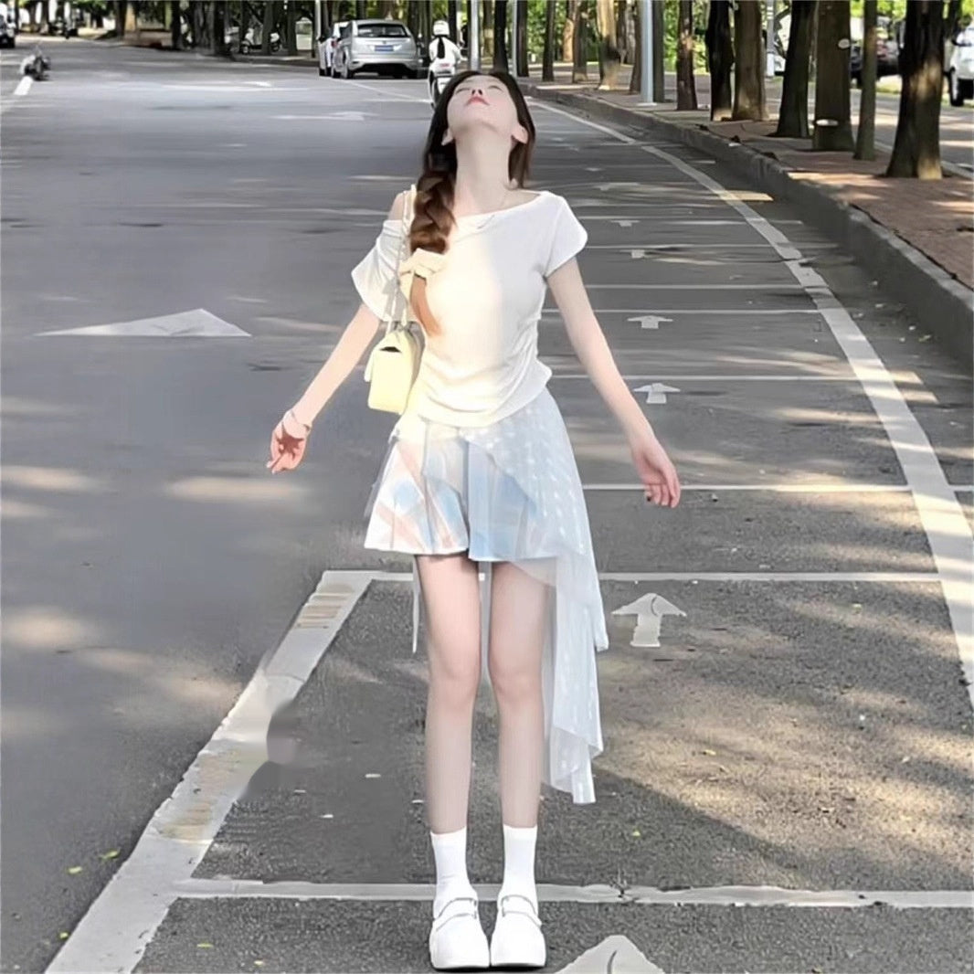 Two-Piece Set Fairy-Like Plaid Mesh Asymmetrical Mini Skirt