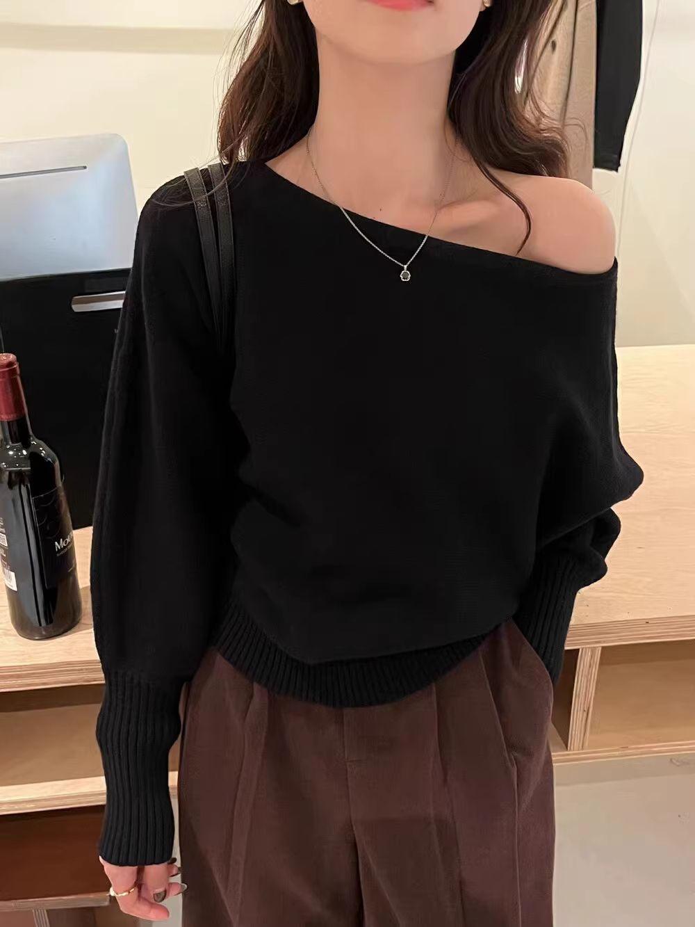 Korean-style Elegant Red Long-sleeve Knit Top With A Slanted Shoulder Design
