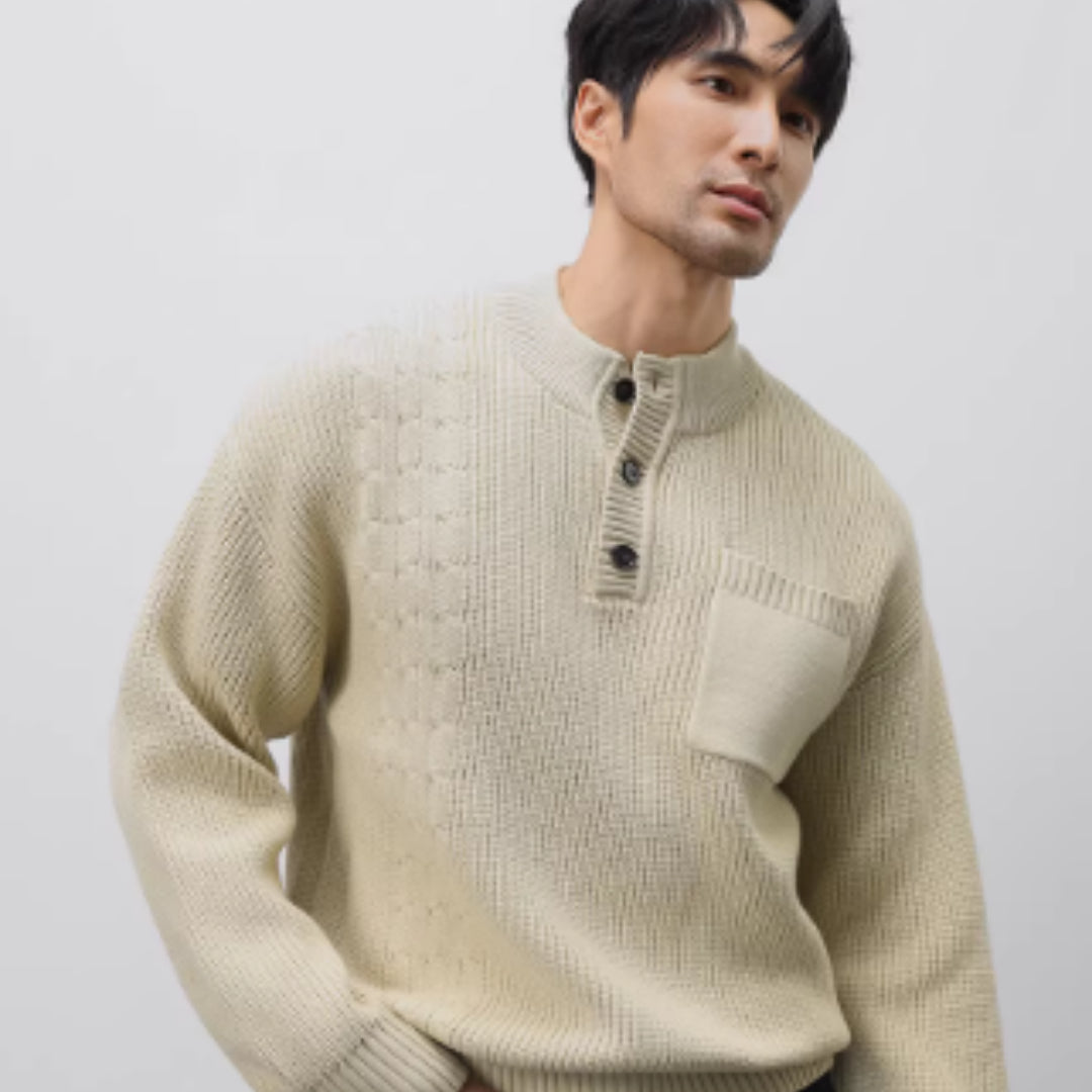 Men's Heavyweight Henley Collar Jacquard Thick Sweater