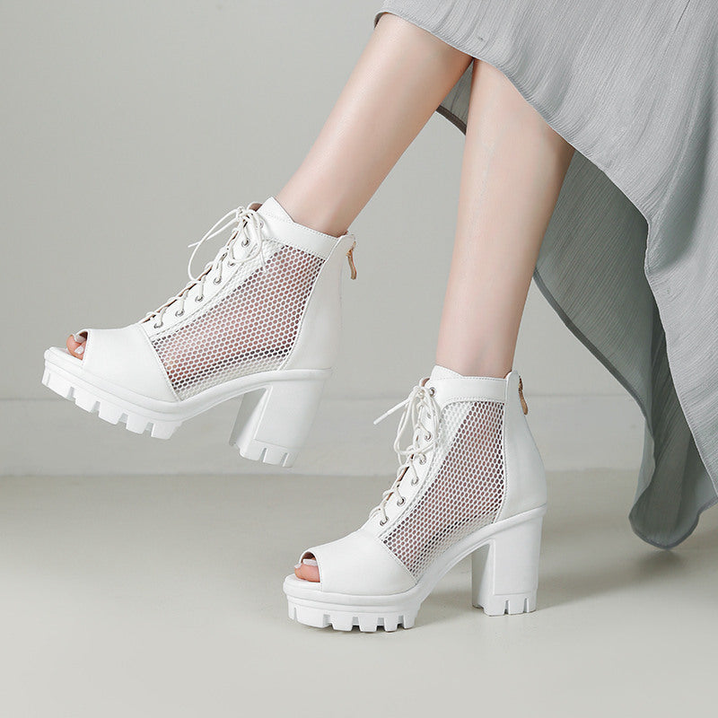 Womens Plus Size Mesh Peep Toe Chunky Heel Sandals With Thick Soles And High Heels