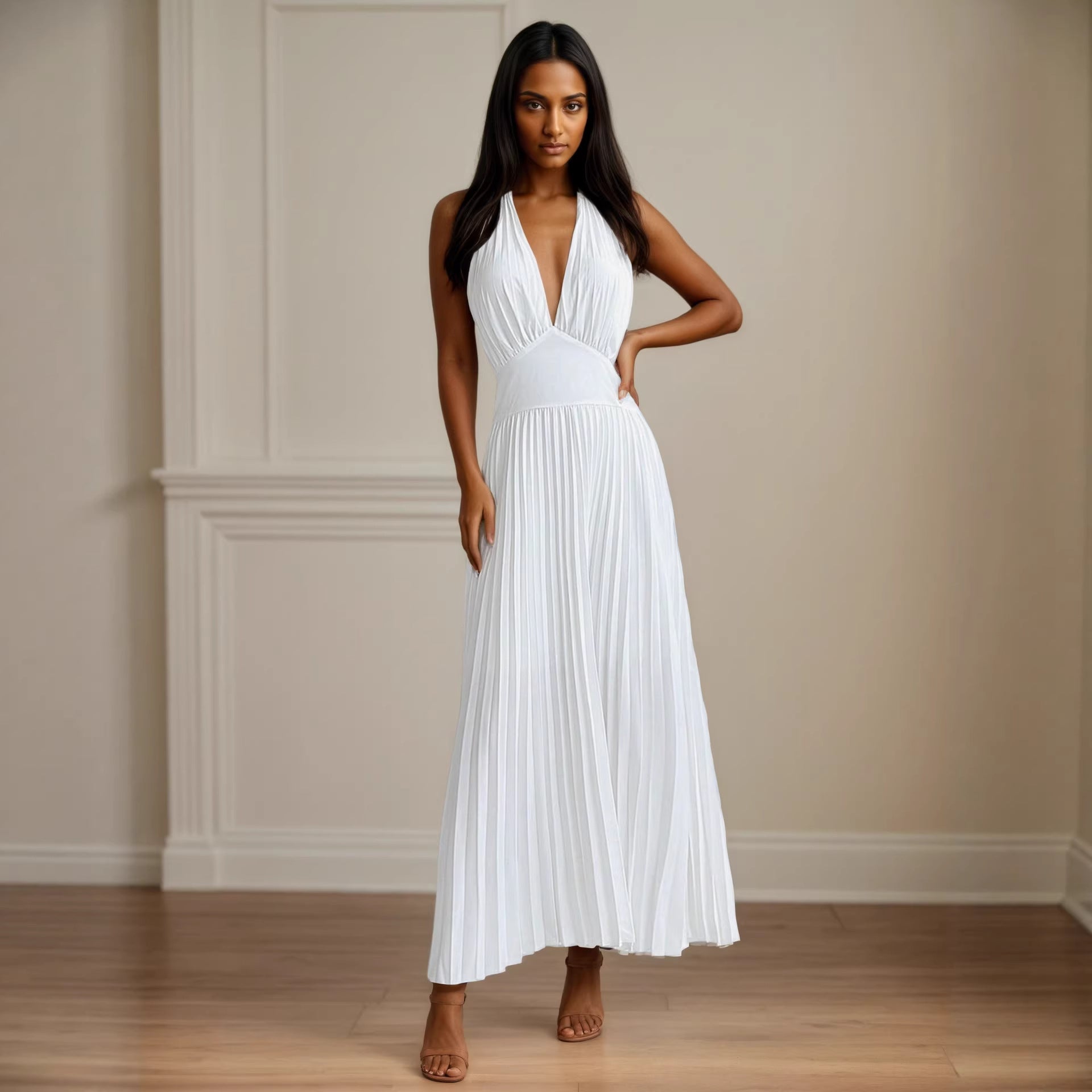 Neck Hanging Sleeveless Pleated Maxi Dress Flattering Backless Gown