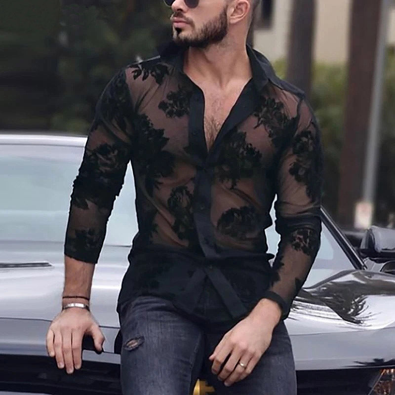 Mens Breathable Lace Long-Sleeve Mesh Shirt From Europe And The US