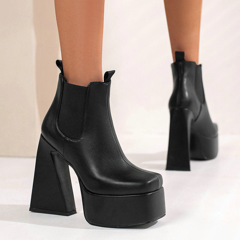 Womens Patent Leather Square-toe Boots With Chunky Heels
