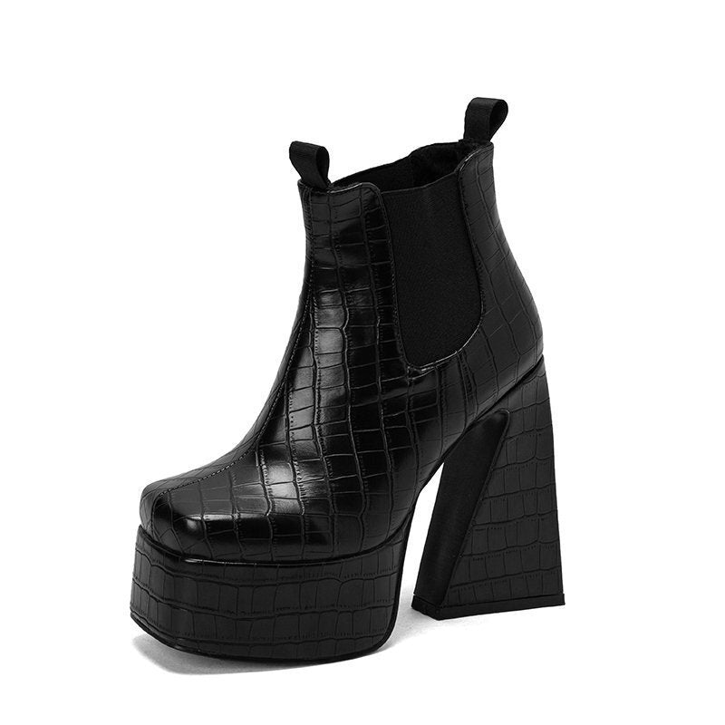 Womens Patent Leather Square-toe Boots With Chunky Heels