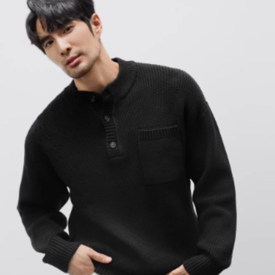 Men's Heavyweight Henley Collar Jacquard Thick Sweater