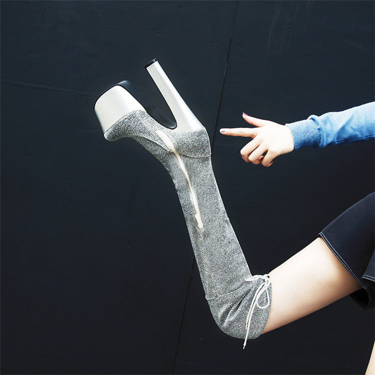 Womens Thigh Bling Sequined Cloth Platforms High Heels Long Boots