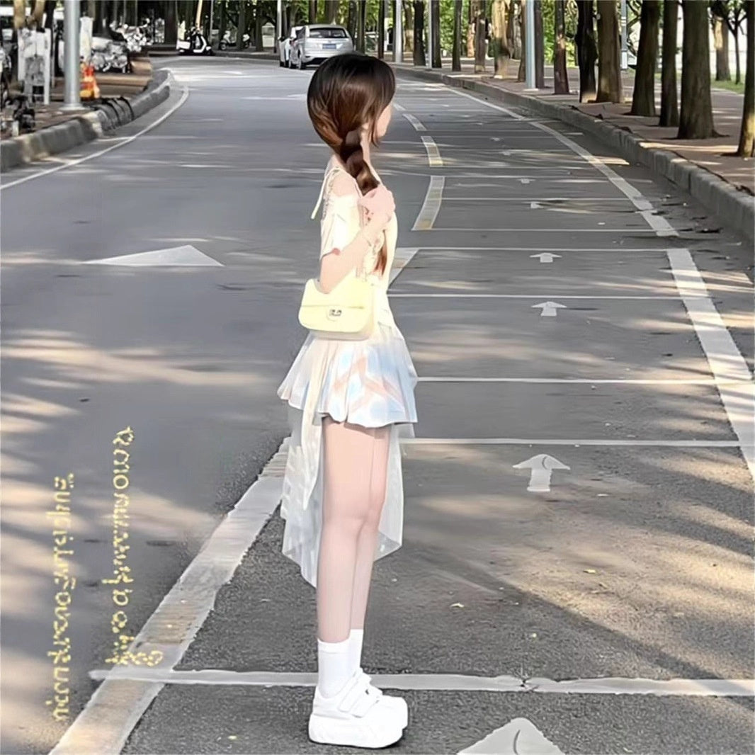 Two-Piece Set Fairy-Like Plaid Mesh Asymmetrical Mini Skirt