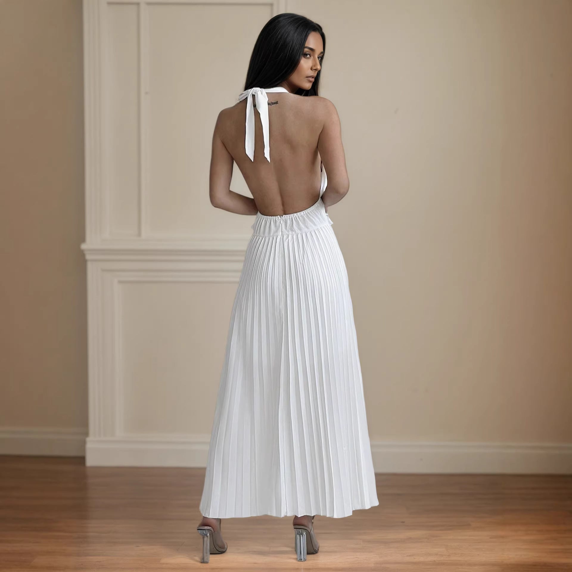 Neck Hanging Sleeveless Pleated Maxi Dress Flattering Backless Gown