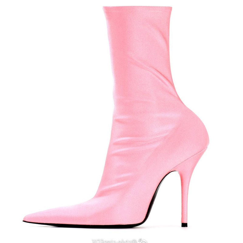 Womens Pointy Toe Elastic Boots, With Colorful , High Heels And Stiletto, Short Socks, New