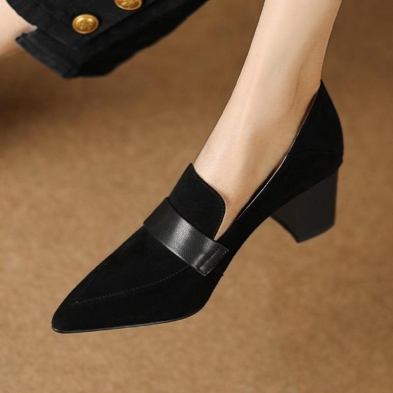 Womens Pointed-toe Loafers Chunky-heel High Heels Work Shoes