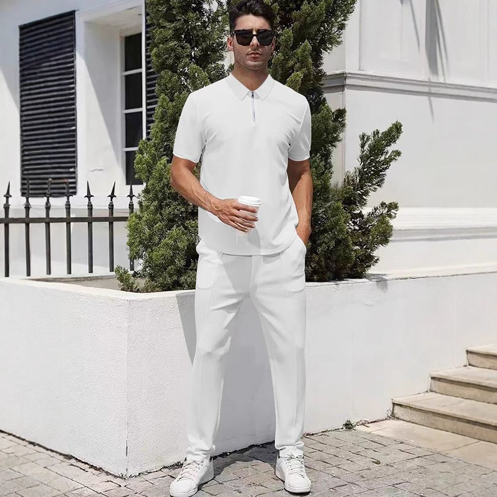 Summer Lightweight Zip Front Pants And Short Sleeve Top Set