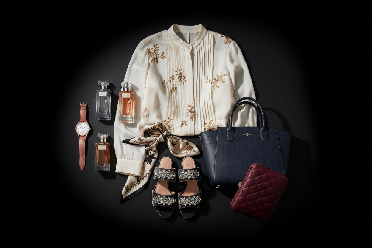 A WOMENS FASHION IMAGE IN BLACK BACKGROUND WHICH INCLUDES CLOTH,WATCHES PERFUMES SLEEPERS AND BAGS
