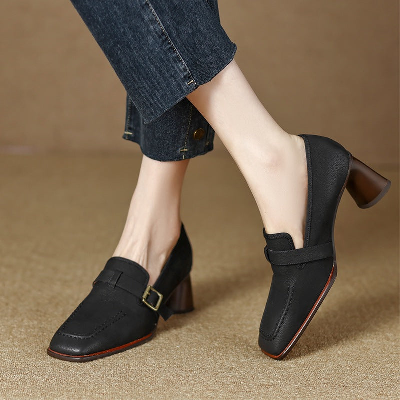 Womens Retro Brown Commuter British Style Leather Shoes With Chunky Heels