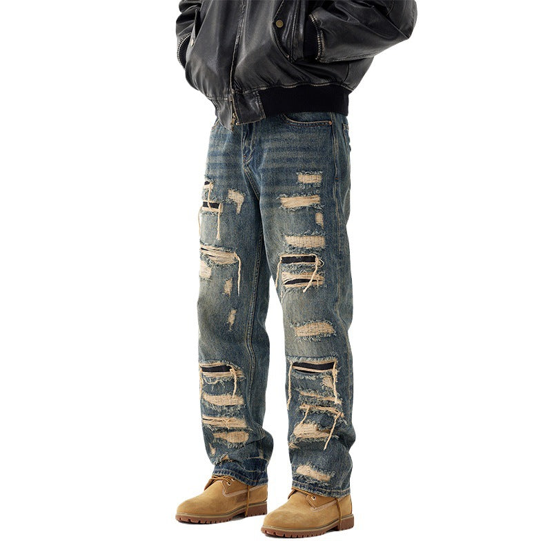 Mens Distressed Hole-Detailed Wide-Leg Denim Jeans With Custom Patches