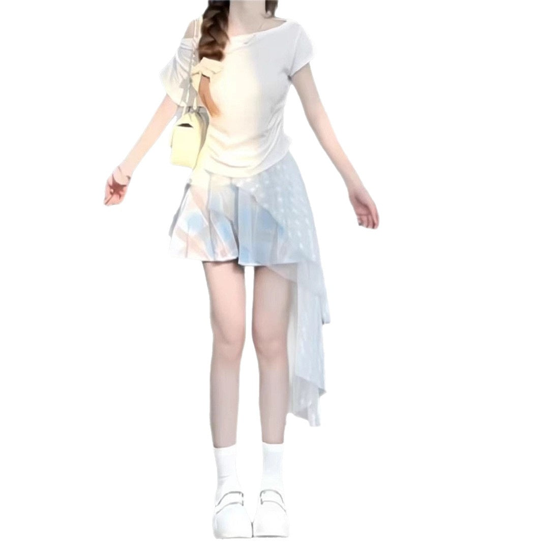 Two-Piece Set Fairy-Like Plaid Mesh Asymmetrical Mini Skirt