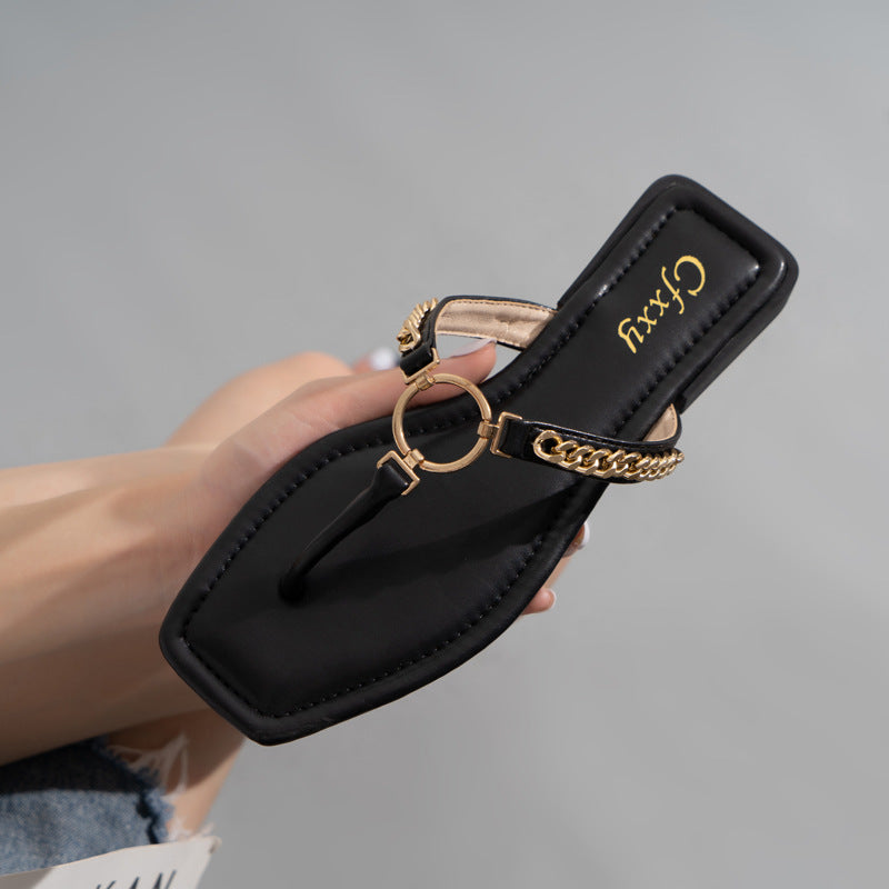 Fashion Chain Round Buckle Flip Flops Womens Low Heels  Sandals