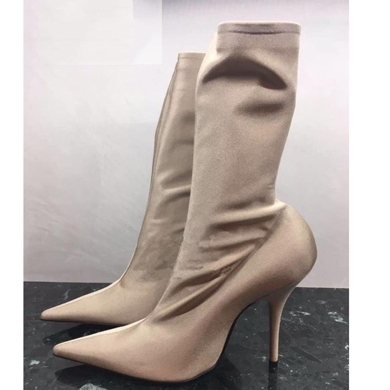 Womens Pointy Toe Elastic Boots, With Colorful , High Heels And Stiletto, Short Socks, New