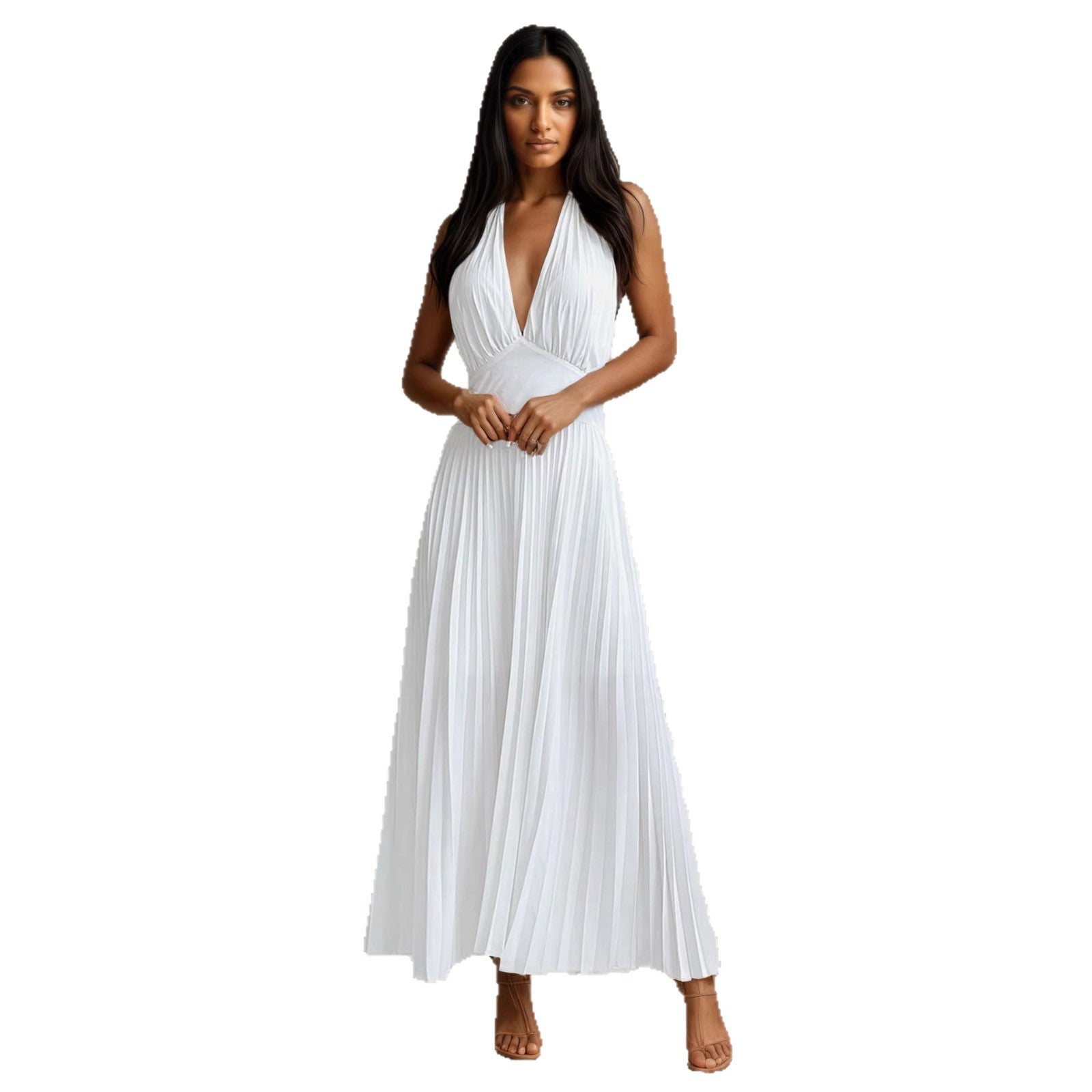 Neck Hanging Sleeveless Pleated Maxi Dress Flattering Backless Gown