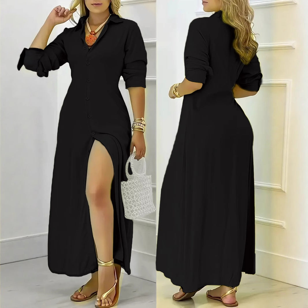 Autumn Womens Elegant SolidColor LongSleeve ButtonUp Shirt Dress