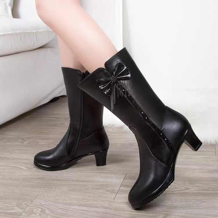Womens Mid-Calf Fleece-Lined Leather Boots With Chunky Heels For Warmth
