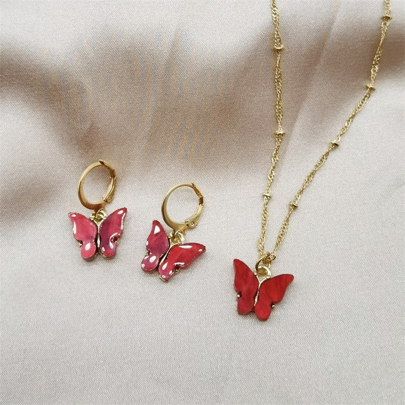 Color Acrylic Butterfly Earrings And Necklace Set