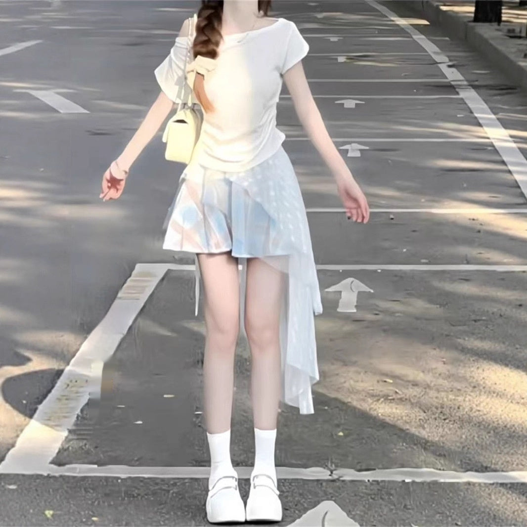 Two-Piece Set Fairy-Like Plaid Mesh Asymmetrical Mini Skirt