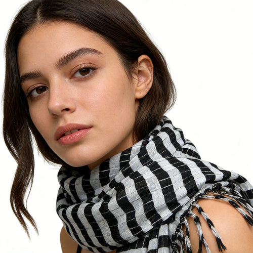 2pcs Black White Square Scarf,stripe With Metallic Threads Scarf,Luxe Look For Evening Wear,Scarf,vacation,daily Life,evening Party,Office Appropriate Subtlety For Women Men