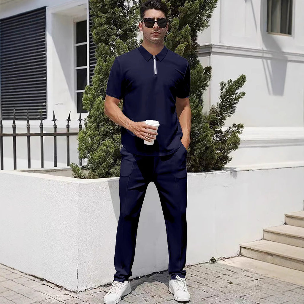 Summer Lightweight Zip Front Pants And Short Sleeve Top Set