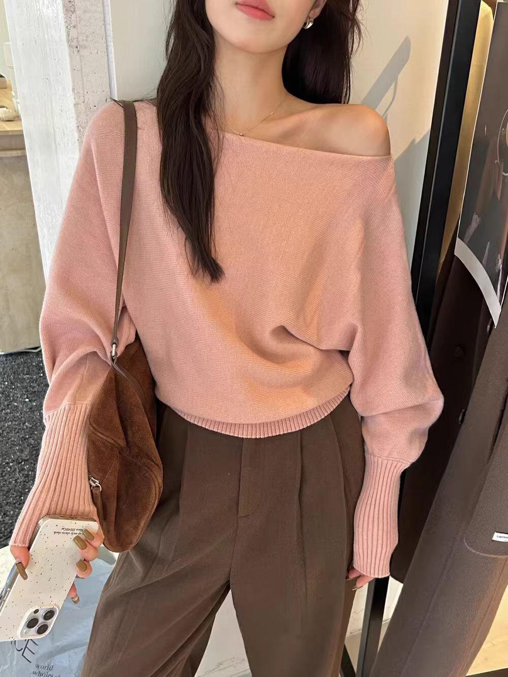 Korean-style Elegant Red Long-sleeve Knit Top With A Slanted Shoulder Design