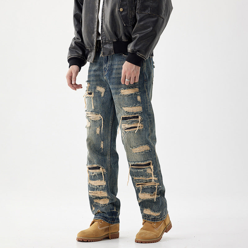 Mens Distressed Hole-Detailed Wide-Leg Denim Jeans With Custom Patches