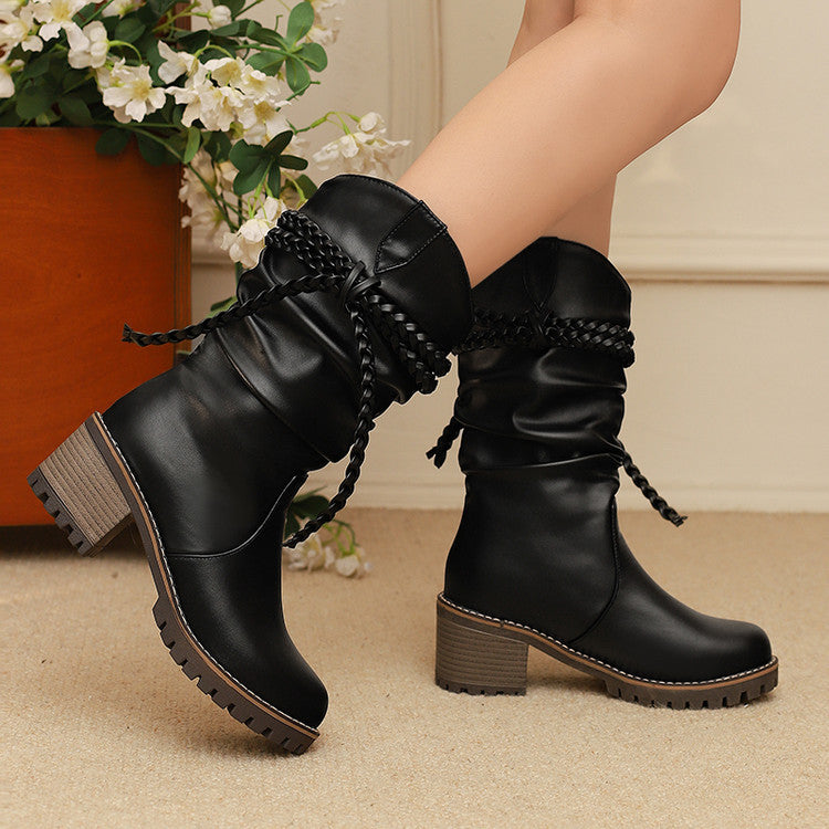 Womens Fashion Knitted Strap Mid-Calf Boots With Chunky Heels